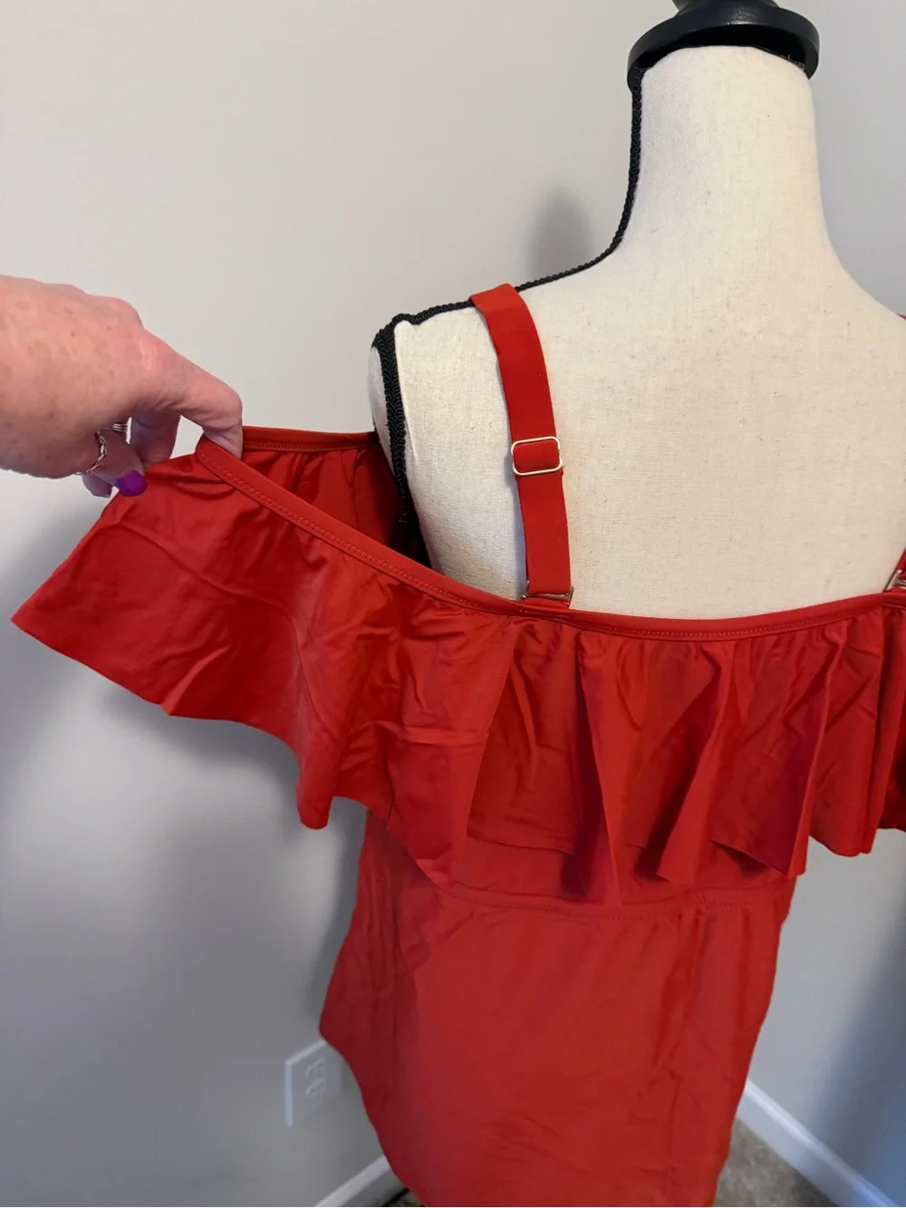 Swim Red Off-Shoulder Ruffle & Lattice Top - Picture 7 of 11